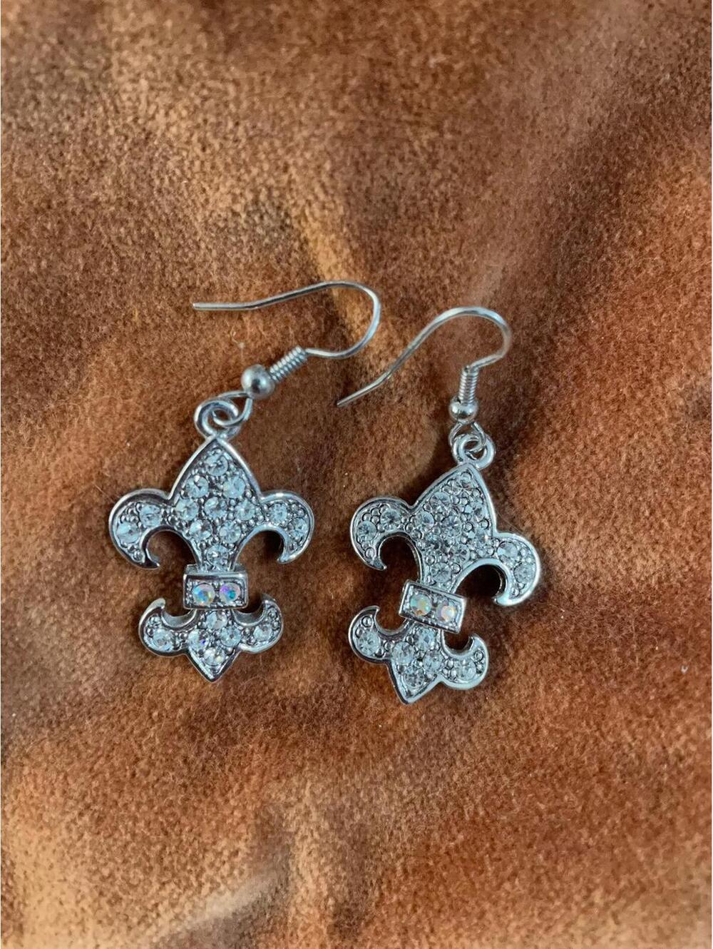 Fleur de lis faux diamond dangle ear rings
